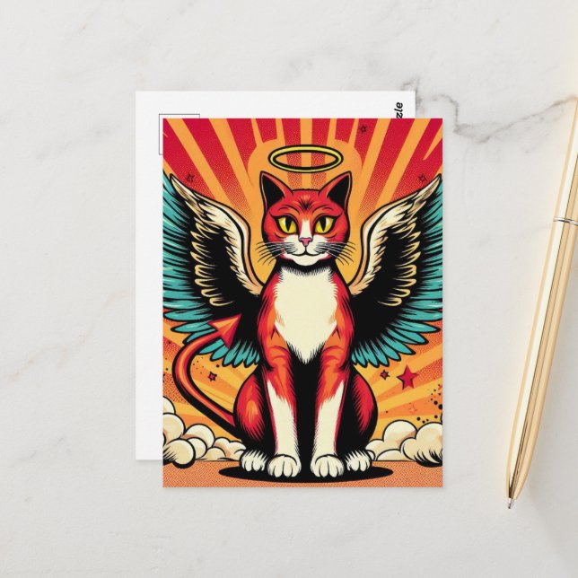 Devil Angel Cute Kitty with Wings Comic Book Style Postcard (Front/Back In Situ)