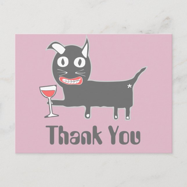 Devil Cat with Wine Thank You Postcard (Front)