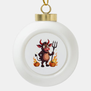 Devil Cow Mischief Ceramic Ball Christmas Ornament