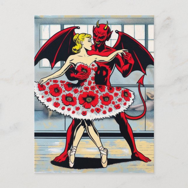 Devil Dances With a Woman in a Red Floral Dress Postcard (Front)