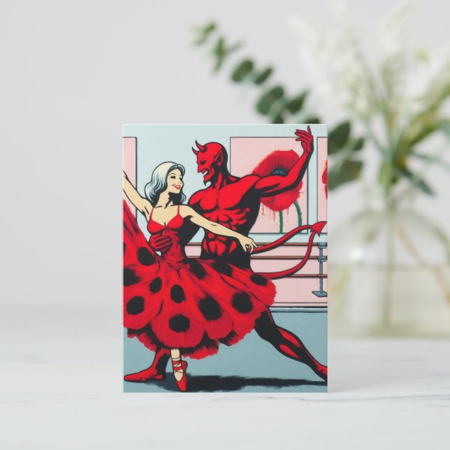 Devil Dances With a Woman in a Red Poppy Dress Postcard (Standing Front)