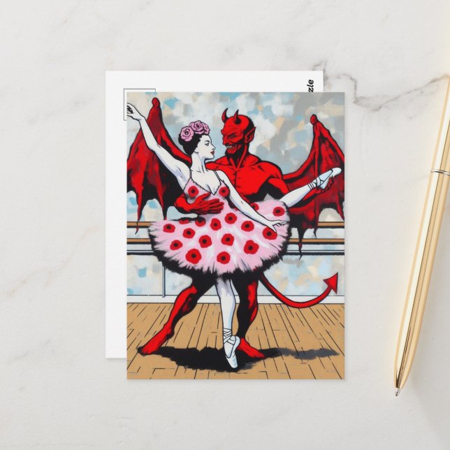 Devil Dances With ballerina in a Poppy Dress Postcard (Front/Back In Situ)