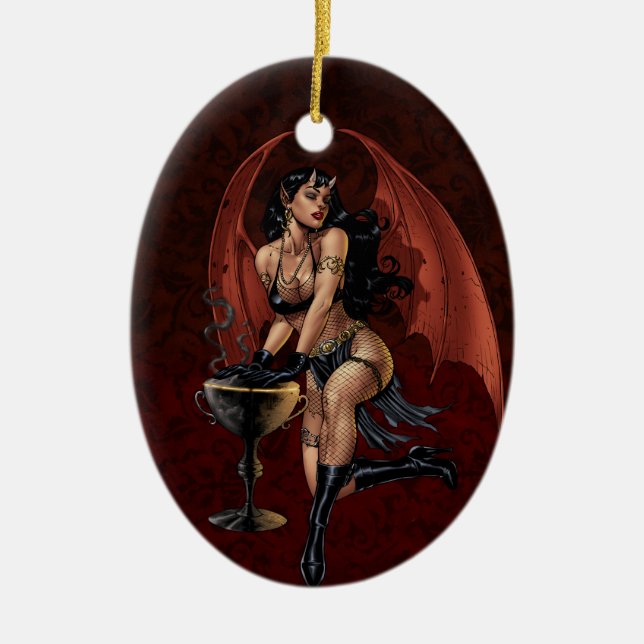 Devil Girl Witch's Cauldron Smoking Gothic Art Ceramic Tree Decoration (Front)