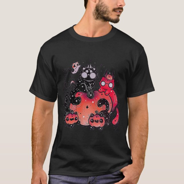 devil Halloween Jack Lantern Pumpkin Cats T-Shirt (Front)