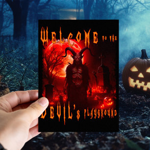 Devil Satan on night cemetery with blood red moon Postcard