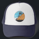 Devils Postpile National Monument Vintage  Trucker Hat<br><div class="desc">Devils Postpile vector artwork design. Located near Mammoth Mountain in Eastern California. The monument protects Devils Postpile,  an unusual rock formation of columnar basalt.</div>
