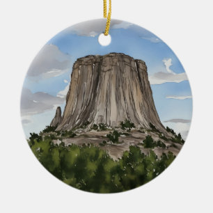 Devils Tower National Monument Wyoming Watercolor Ceramic Tree Decoration