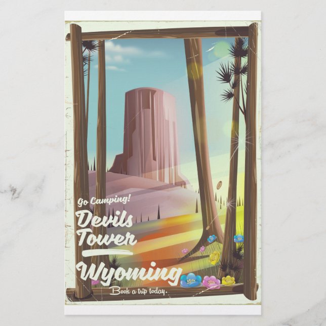 Devils Tower, Wyoming vintage Camping print. Stationery (Front)