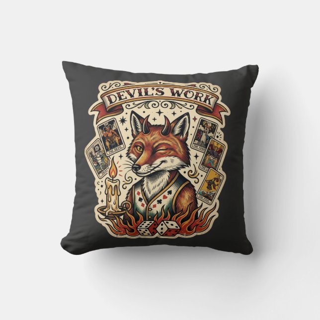 Devils Work Sly Fox Tarot Card Tattoo Flash Mystic Cushion (Front)