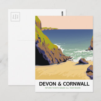 Devon & Cornwall "go by rail" vintage style travel Postcard