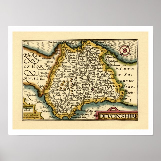 Devon (Devonshire) County England Antiquarian Map  Poster (Front)