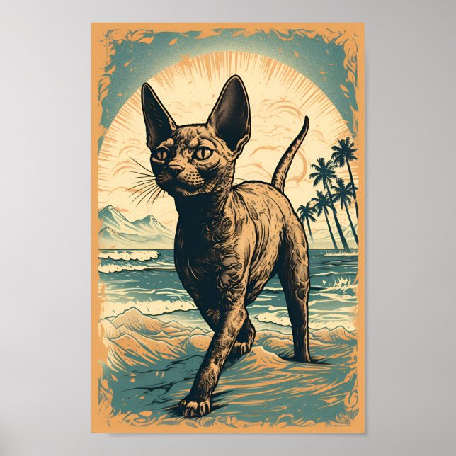 Devon Rex cat at a tropical beach Poster (Front)
