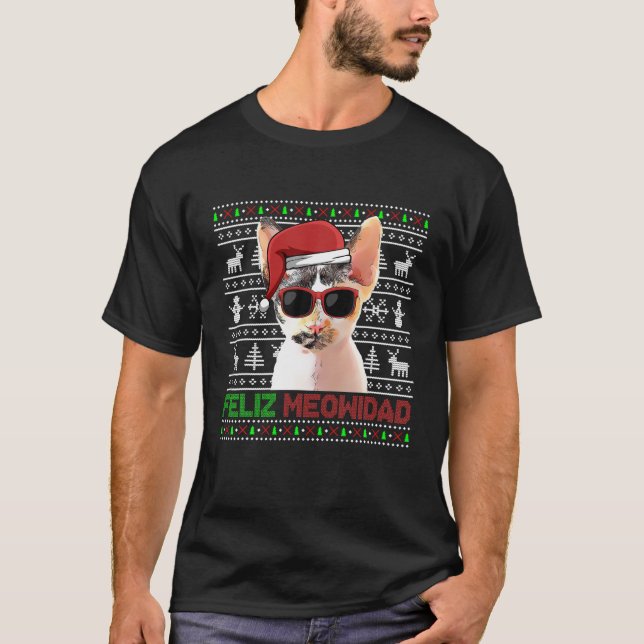 Devon Rex Cat Feliz Meowidad Funny Christmas T-Shirt (Front)