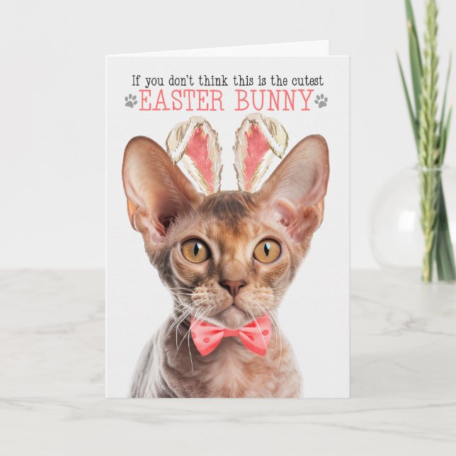 Devon Rex Cat in Bunny Ears for Easter Holiday Card (Front)