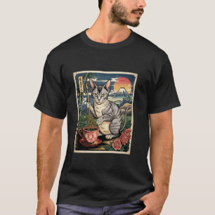 Devon Rex Cat Making Tea Mt Fuji Japanese Ukiyo Wo T-Shirt