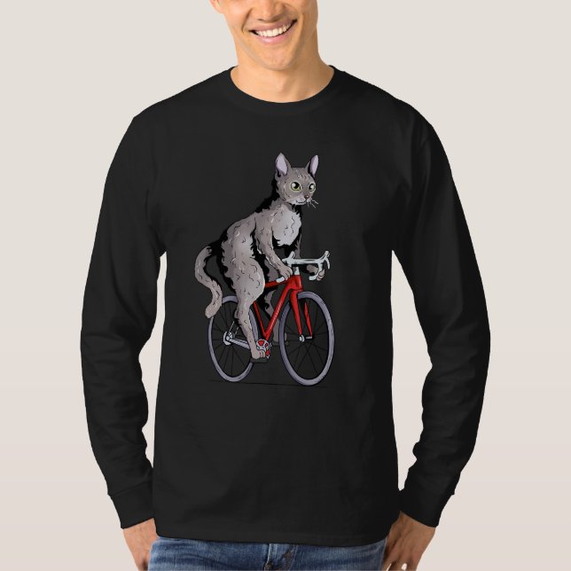 Devon Rex Cat Riding Bicycle Cute Biker Cyclist T-Shirt (Front)