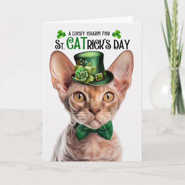 Devon Rex Cat St CATrick's Day Lucky Charm Holiday Card (Front)