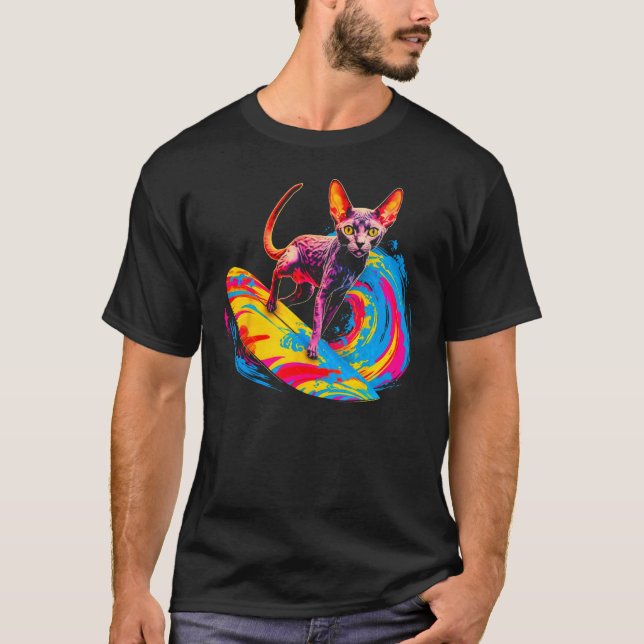 Devon Rex Cat Surfing T-Shirt (Front)