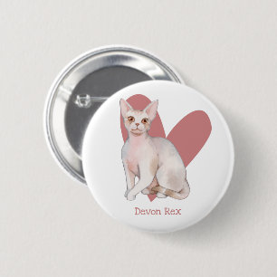 Devon Rex Cat Watercolor Kitty Pink Heart Button