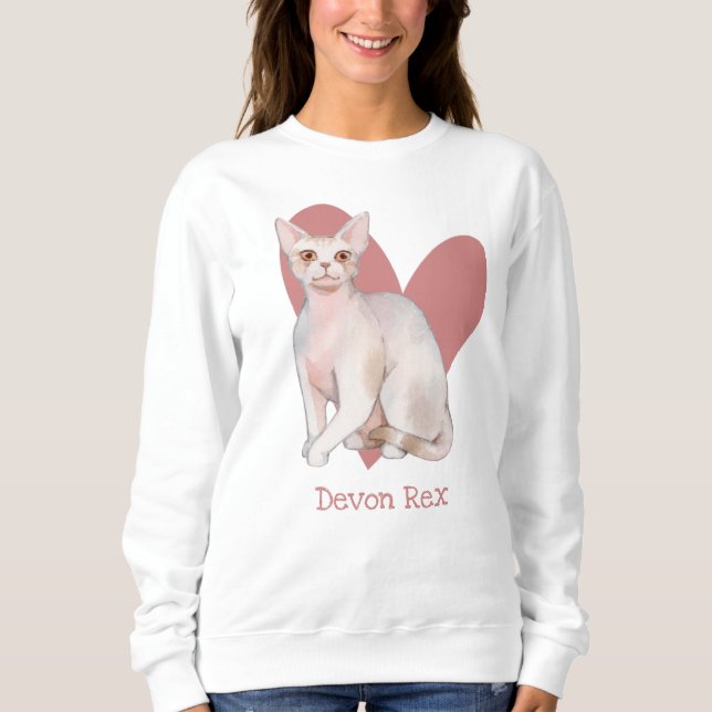 Devon Rex Cat Watercolor Kitty Pink Heart Sweatshirt (Front)