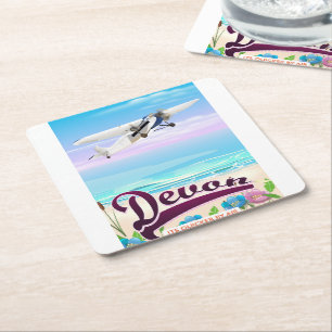 Devon vintage flight travel poster square paper coaster