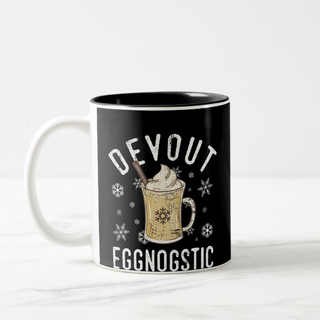 Devout Eggnostic Funny Eggnog Design for Egg Nog Two-Tone Coffee Mug (Left)