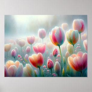 Dew-Kissed Tulips in Soft Morning Light Poster