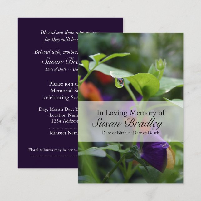 Dewdrop Pansy Celebration of Life Invitation (Front/Back)