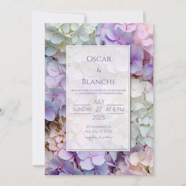Dewy Pastel Botanical Hydrangea Frame Wedding Invitation (Front)