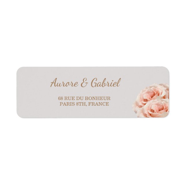 Dewy Pink Rose blossoms Grey Wedding Address Label (Front)