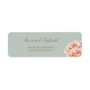 Dewy Pink Rose blossoms Sage Wedding Address Label