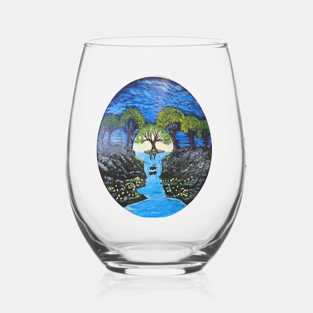 DG Paintings Moonlight Waterfall  Stemless Wine Glass (Front)