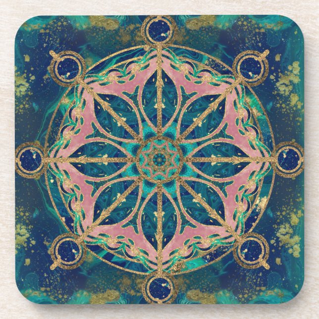 Dharma Wheel - Dharmachakra Gemstone & Gold Coaster (Front)