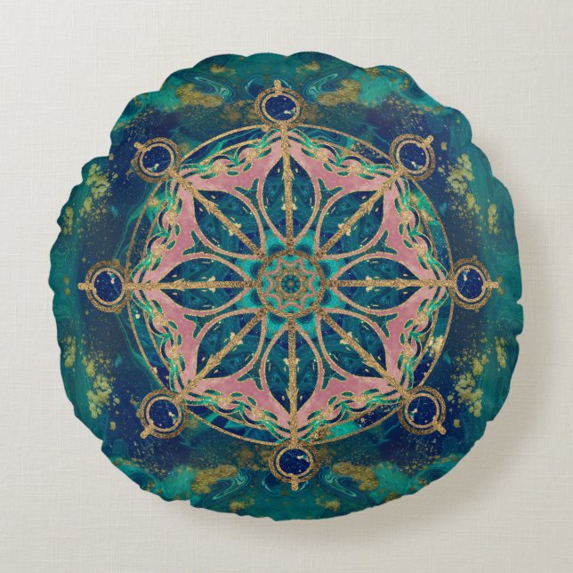 Dharma Wheel - Dharmachakra Gemstone & Gold Round Cushion (Front)