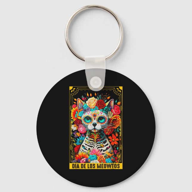 Dia De Los Meowtos Sugar Skull Cat Gift  Key Ring (Front)