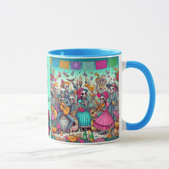 Dia de los Muertos Add Name Skull Sky Blue Inside Mug (Right)