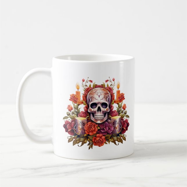 Dia de los Muertos Beautiful Floral Sugar Skull Coffee Mug (Left)