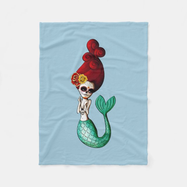 Dia de Los Muertos Beautiful Mermaid Pin up Fleece Blanket (Front)