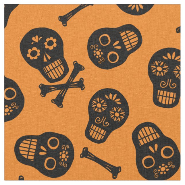 Dia de los Muertos Black Paper Skulls Pattern Fabric (Close Up)