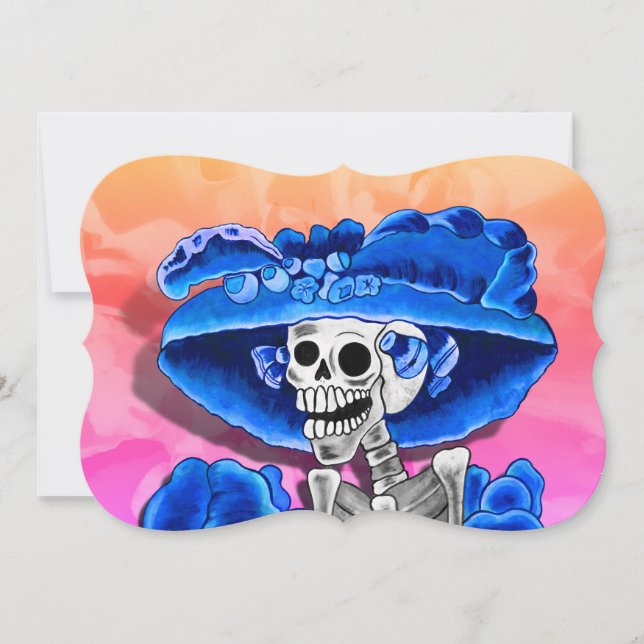 Dia de los Muertos Calavera in Blue Hat Invitation (Front)