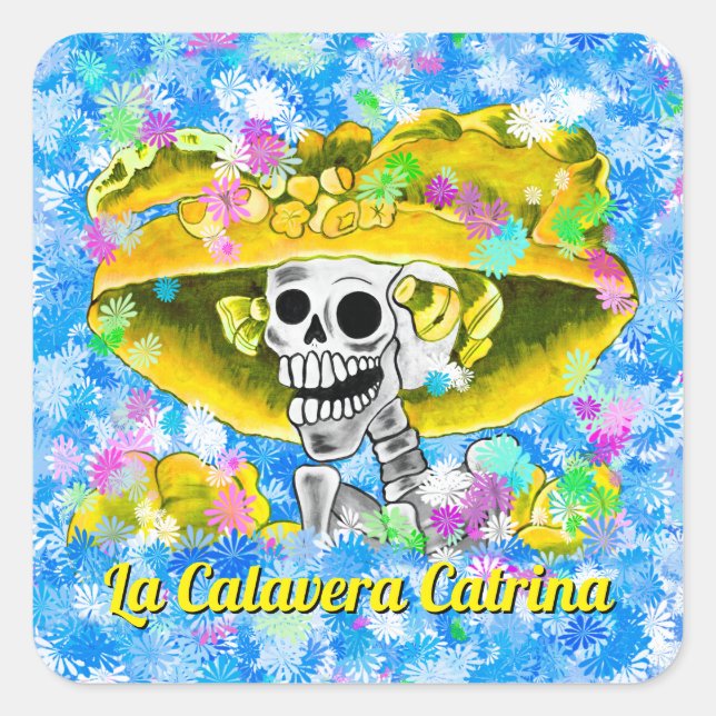 Dia De Los Muertos Calavera in Yellow Bonnet Square Sticker (Front)