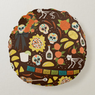 Dia De Los Muertos, cartoon pattern. Round Cushion
