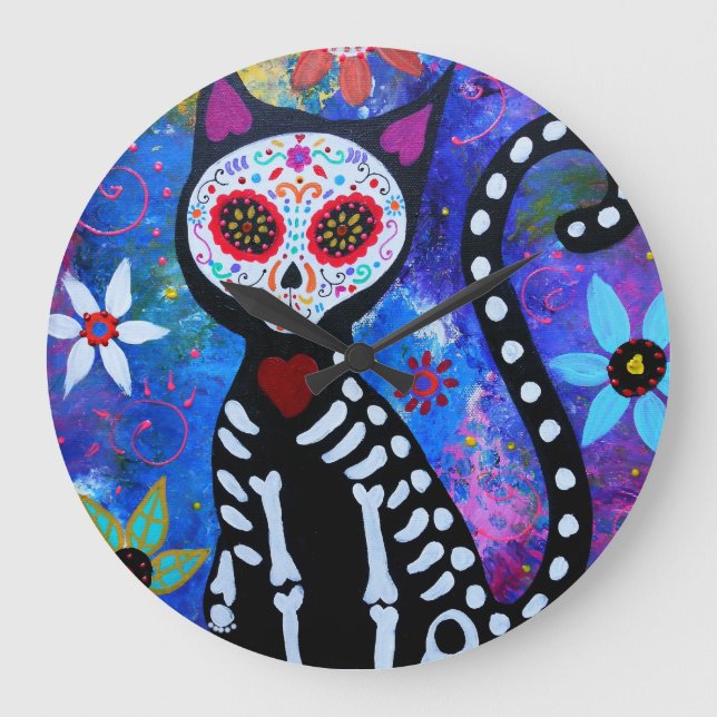 Dia de los Muertos Cat El Gato Lover Large Clock (Front)