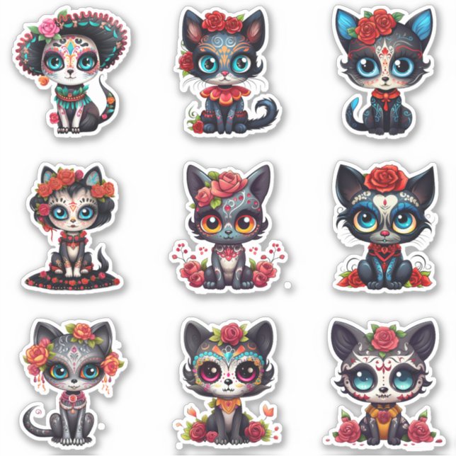 Dia de Los Muertos Cat Stickers - Set of 9 (Front)