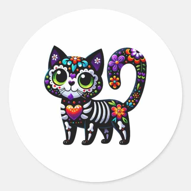 Dia De Los Muertos Cinco De Mayo Cat Sugar Skull M Classic Round Sticker (Front)