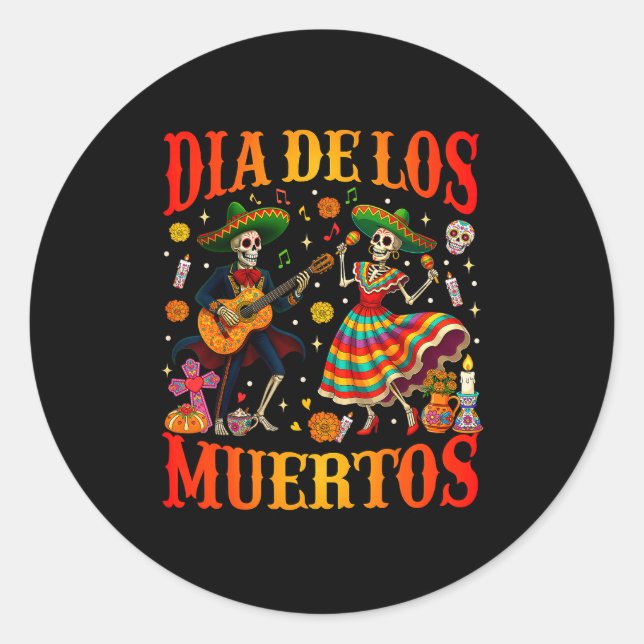 Dia De Los Muertos Dancing Skeletons Guitar Day Of Classic Round Sticker (Front)