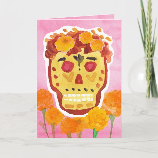 Dia de los Muertos Day of the Dead Skull Marigolds Card (Front)