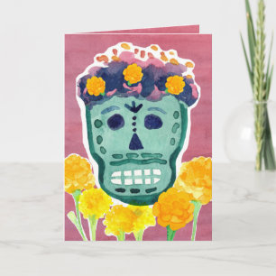 Dia de los Muertos Day of the Dead Skull Marigolds Card