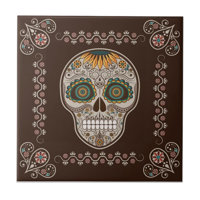 Dia de los Muertos decorative sunflower skull Tile (Front)