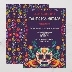 Dia De Los Muertos Floral Sugar Skull Art Invitation